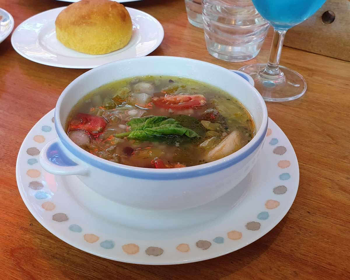 Pistou soup with shiso walnut pesto