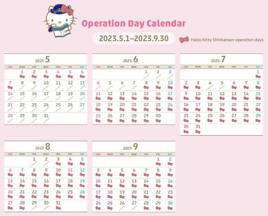 Current schedule of which days the Hello Kitty Shinkansen operates