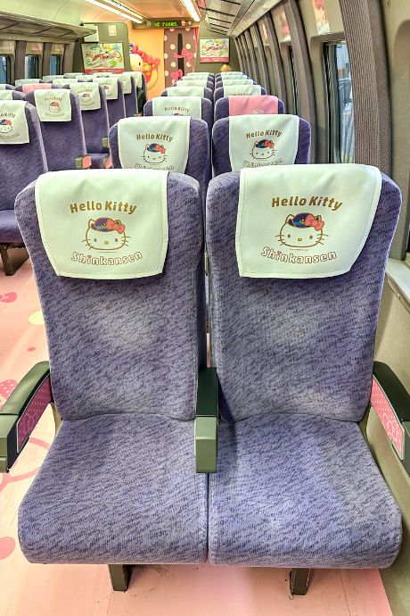 Unique purple seats and headrest covers of the Hello Kitty Shinkansen
