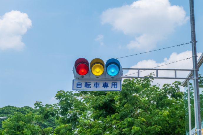 Red yellow and blue traffic lights