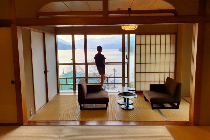Contemplating the view from our ryokan room at Kai Nikko