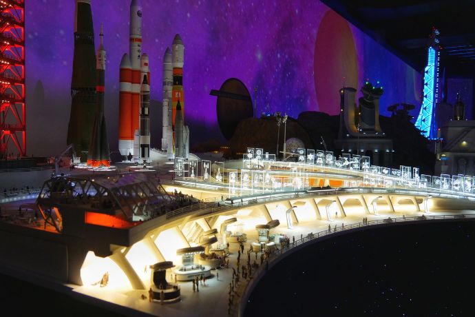One of the futuristic Space Centre dioramas with the rockets in the background.