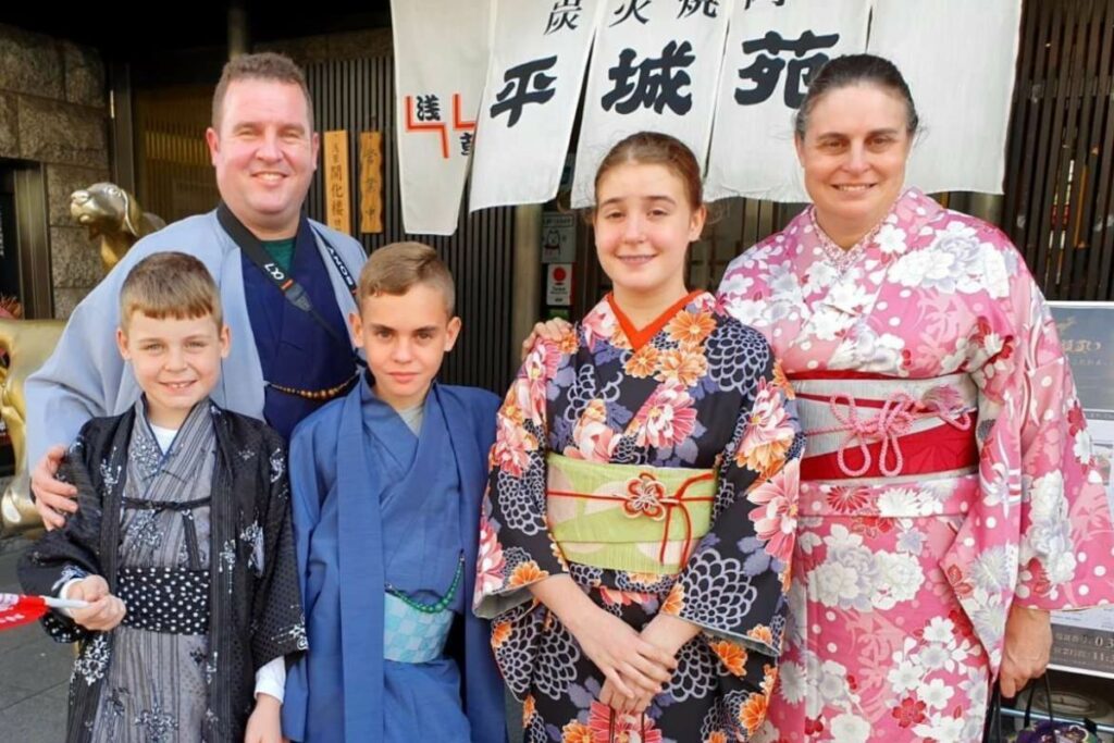 Anne and Tony Sutherland-Smith with family wearing kimonos in Asakusa Tokyo
