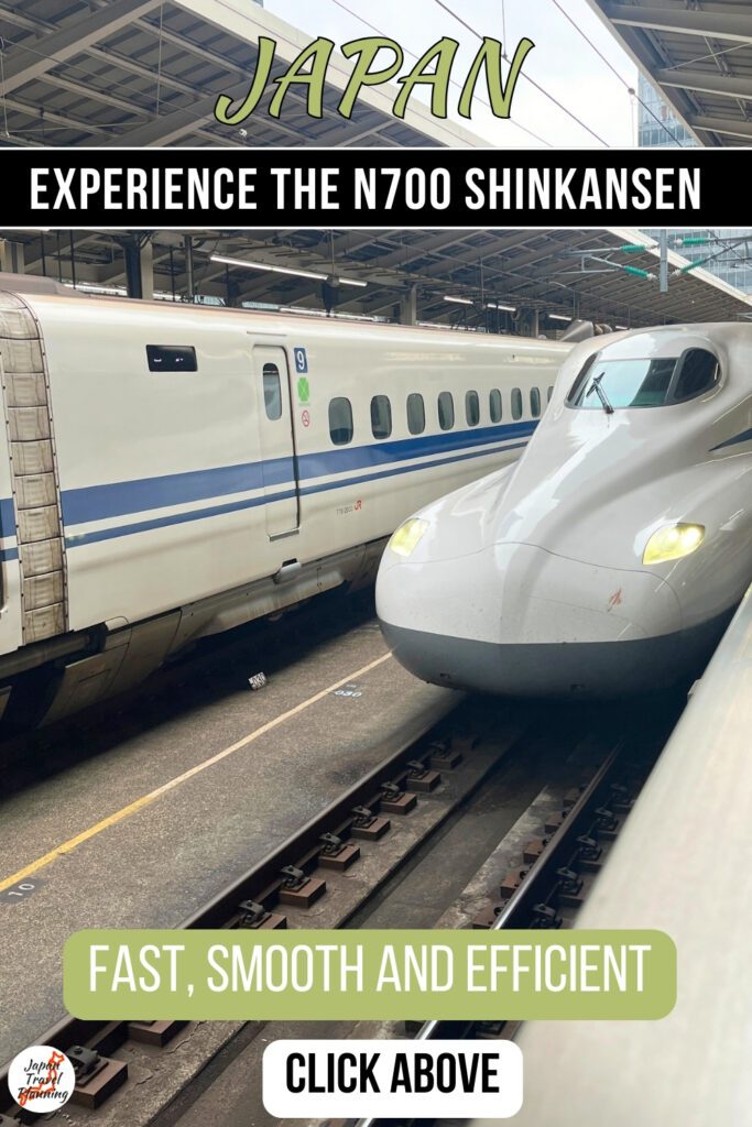 Promotional image featuring the N700 Shinkansen at a station platform with the text "JAPAN: Experience the N700 Shinkansen" at the top, and "Fast, Smooth and Efficient" with a "Click Above" call-to-action at the bottom.