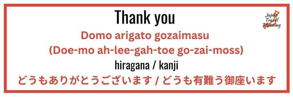 Image displaying a phrase card for learning Japanese. The card features the English phrase "Thank you," followed by the Japanese pronunciation "Domo arigato gozaimasu (Doe-mo ah-lee-gah-toe go-zai-moss)." Below, it shows the hiragana and kanji script "どうもありがとうございます / どうも有難う御座います." In the top right corner, there is a small logo for "Japan Travel Planning."