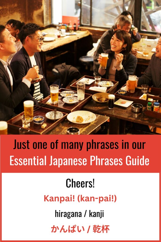 A lively scene in a Japanese izakaya with people enjoying drinks and food at a wooden table. The image features a group of friends raising their glasses in a toast, smiling and engaging in conversation. The text overlay reads: "Just one of many phrases in our Essential Japanese Phrases Guide. Cheers! Kanpai! (kan-pai!) hiragana/kanji かんぱい / 乾杯."