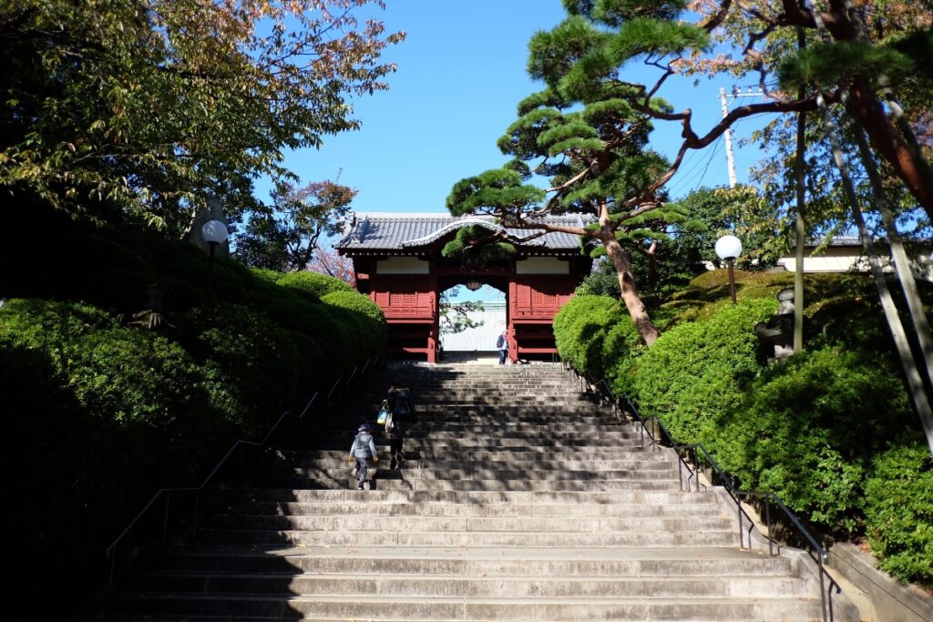 Wide stone staircase leading up to the entrance gate of Gokokuji Temple, flanked by lush green bushes and trees. The traditional wooden gate features a curved roof and intricate details, with a clear blue sky in the background.