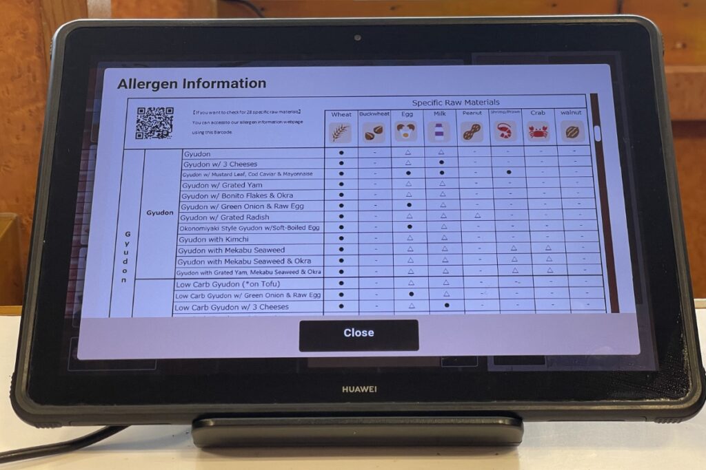 A digital screen displaying allergen information for various dishes at Sukiya. The chart lists different Gyudon dishes alongside specific raw materials such as wheat, buckwheat, egg, milk, peanut, shrimp/prawn, crab, and walnut, indicating the presence of allergens with symbols. A QR code is provided for accessing more detailed allergen information online.
