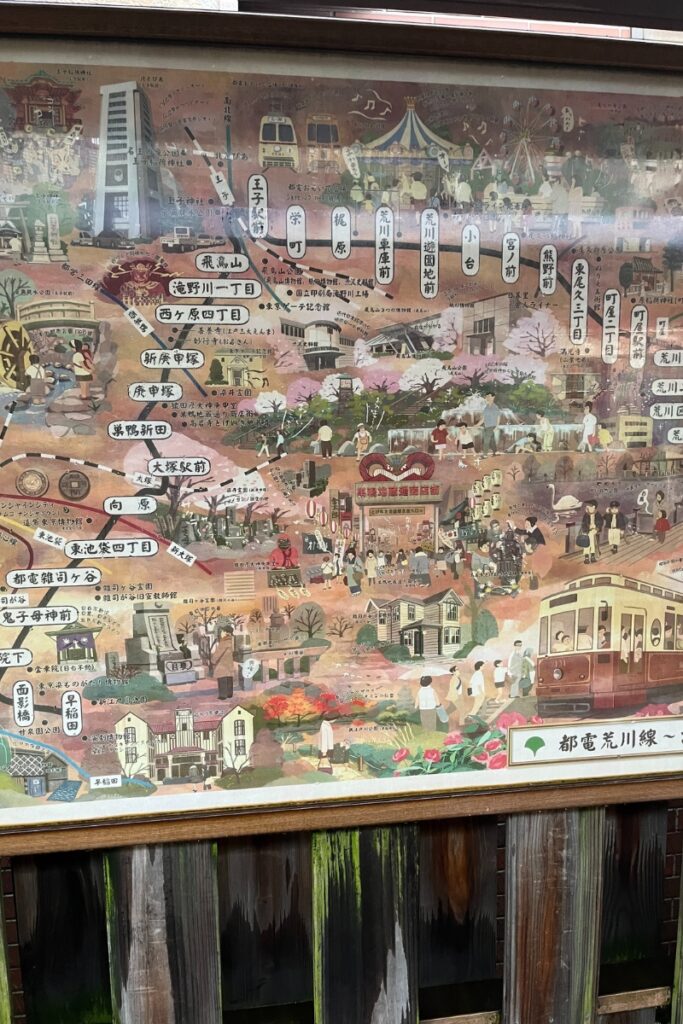 A detailed illustrated map of the Toden Arakawa Line, depicting various stations and attractions along the route, including historical sites, local landmarks, and scenic spots. The map is vibrant with drawings of people, buildings, and trams, offering a nostalgic view of the area.
