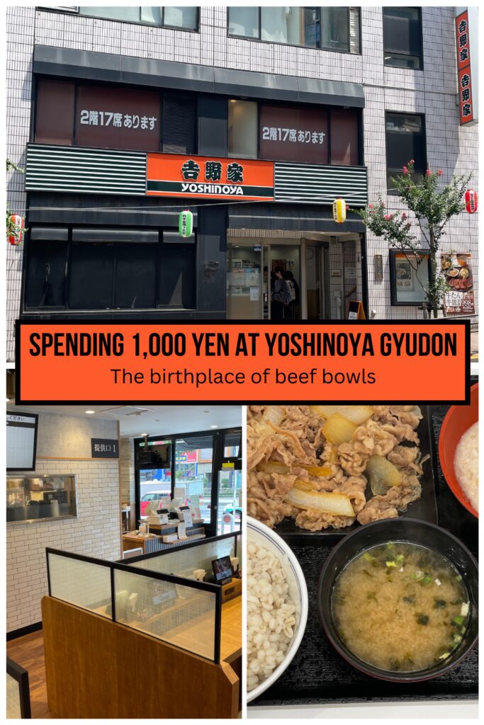 A collage promoting Yoshinoya Gyudon with the title "Spending 1,000 Yen at Yoshinoya Gyudon: The Birthplace of Beef Bowls." The top image shows the exterior of a Yoshinoya restaurant, featuring its signature orange and green sign. Below, the left image depicts the restaurant’s clean, modern interior with ordering kiosks. The right image showcases a meal of beef bowl with miso soup, rice, and side dishes. The layout emphasizes the affordable and delicious beef bowl experience.