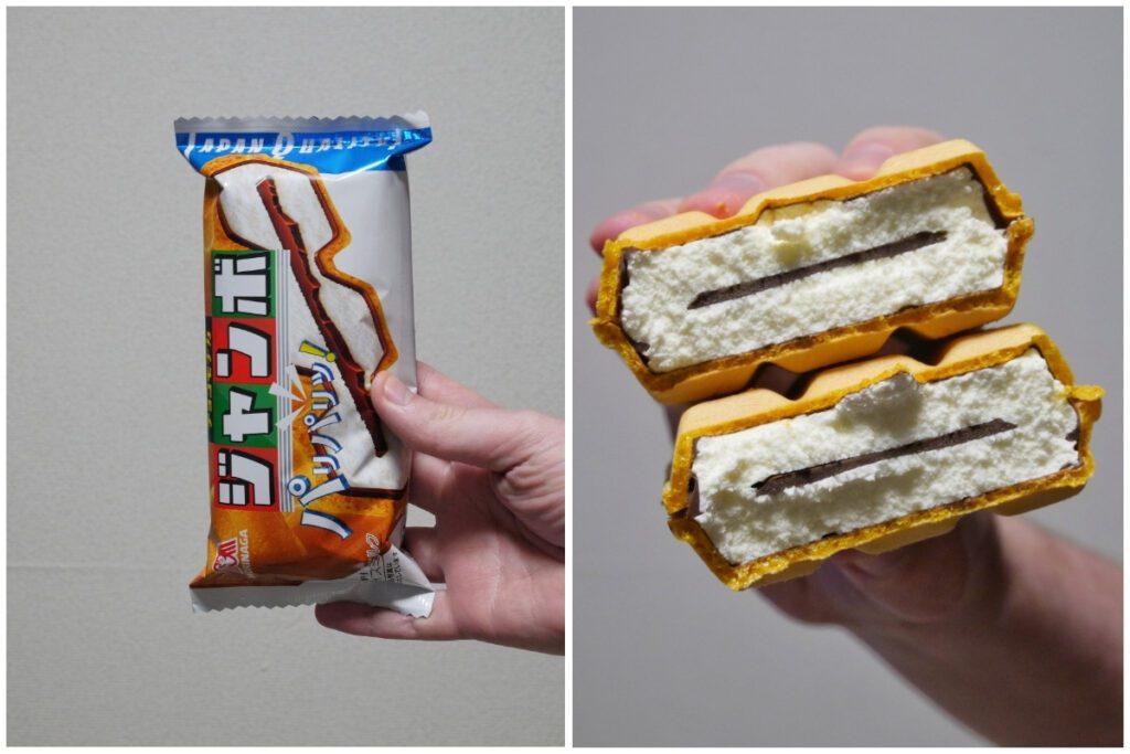 A collage featuring a Japanese "Choco Monaka Jumbo" ice cream. The left panel displays the packaged dessert, showcasing its colorful branding and imagery of the ice cream with chocolate layers inside a crispy wafer. The right panel reveals the dessert cut in half, highlighting the creamy vanilla ice cream with a central chocolate layer encased in a crunchy wafer shell.