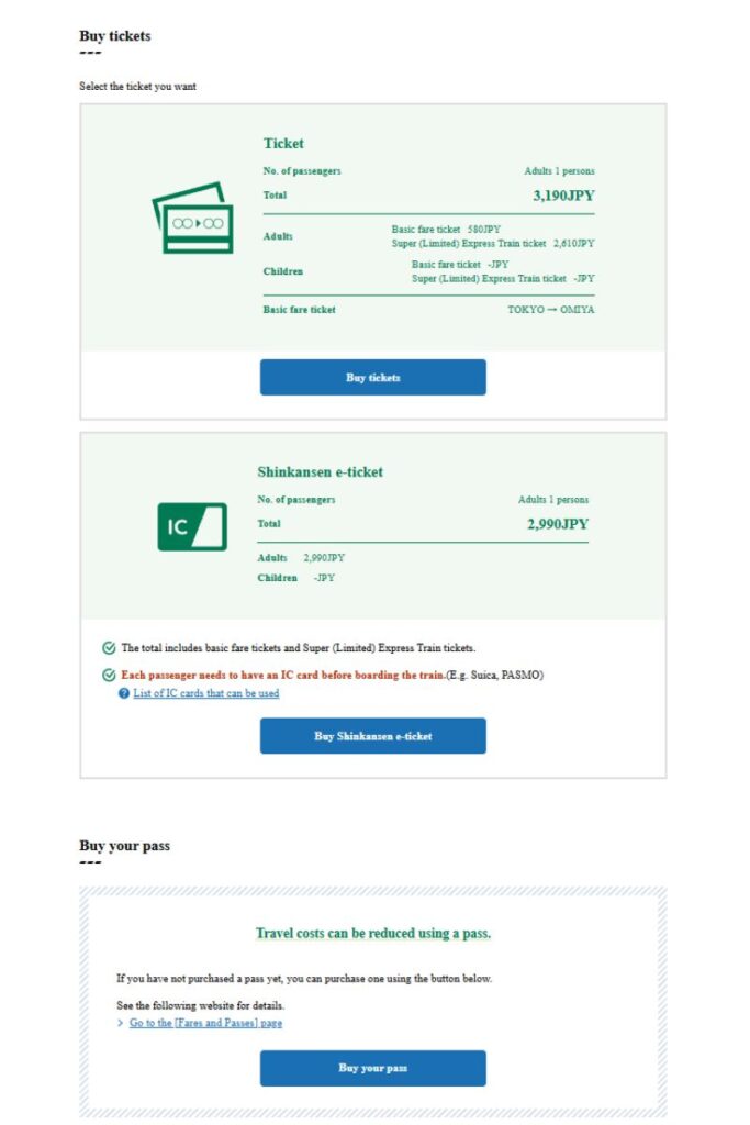 Ticket purchasing options for a train route. The first option is a standard ticket priced at 3,190 JPY for adults, detailing a breakdown of 580 JPY for the basic fare and 2,610 JPY for the Super (Limited) Express Train ticket. The second option is a Shinkansen e-ticket priced at 2,990 JPY, available for passengers with an IC card such as Suica or PASMO. A third section encourages purchasing a travel pass for potential cost reductions, with a link to additional details about fares and passes. Buttons labeled 'Buy tickets,' 'Buy Shinkansen e-ticket,' and 'Buy your pass' facilitate selection.