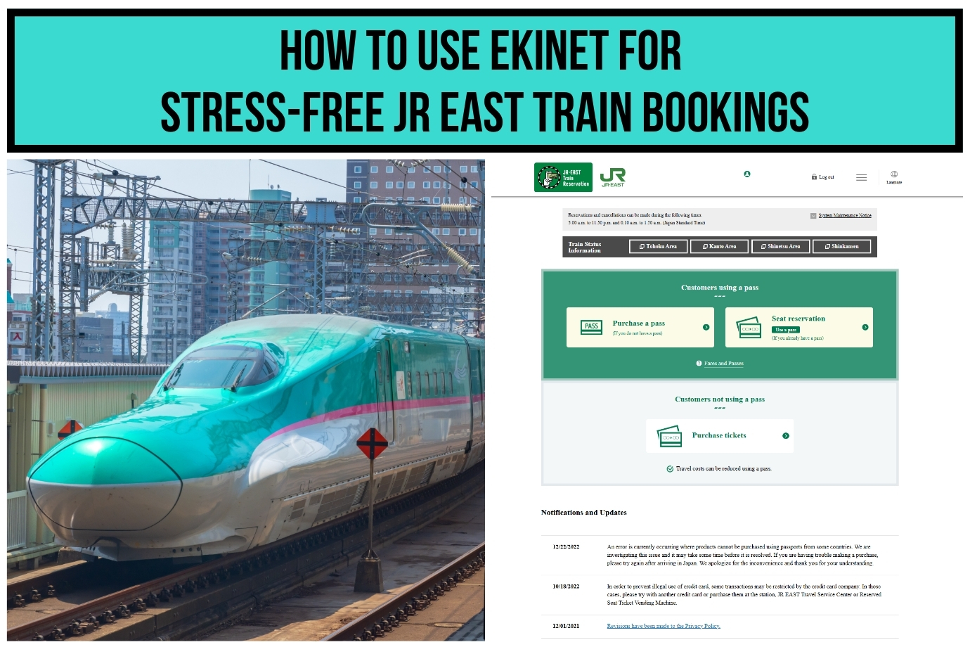 Promotional image for using Ekinet to book JR East train tickets. On the left, a vibrant green Shinkansen train is shown at a station with urban buildings in the background. On the right, a screenshot of the Ekinet website highlights options for purchasing a pass, reserving seats, and buying tickets. The top banner reads 'HOW TO USE EKINET FOR STRESS-FREE JR EAST TRAIN BOOKINGS' in bold black text on a teal background.