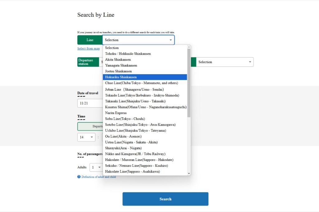 JR-EAST Train Reservation 'Search by Line' page showing a dropdown menu expanded under 'Line Selection,' listing various train lines such as Tohoku/Hokkaido Shinkansen, Akita Shinkansen, Joetsu Shinkansen, Hokuriku Shinkansen, and more. Additional fields for departure and arrival stations, travel date, time, and the number of passengers are visible below, with a blue 'Search' button at the bottom.