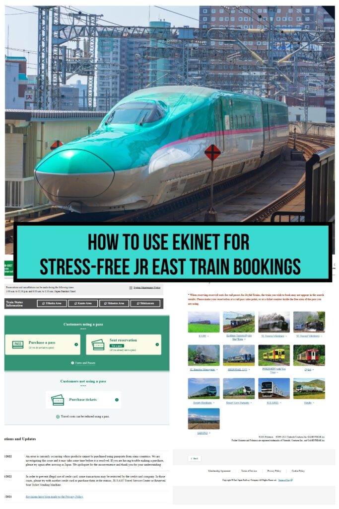Pinterest graphic featuring a guide to using Ekinet for JR East train bookings. The top half showcases a sleek green Shinkansen train at a station with urban buildings in the background. Below, the Ekinet website interface is displayed, highlighting options for purchasing passes, reserving seats, and viewing train photos. The bold text in a teal banner reads, 'HOW TO USE EKINET FOR STRESS-FREE JR EAST TRAIN BOOKINGS.