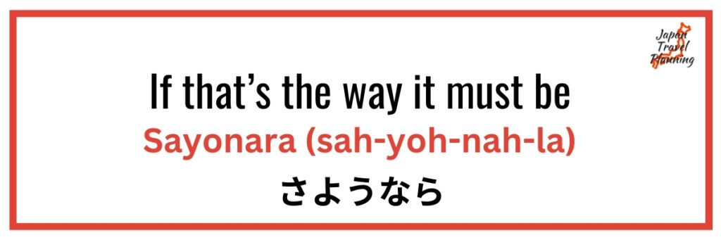 A graphic featuring the phrase "If that’s the way it must be," followed by the Japanese word "Sayonara" and its pronunciation guide "(sah-yoh-nah-la)." The Japanese characters "さようなら" are displayed below, with the Japan Travel Planning logo in the top right corner.