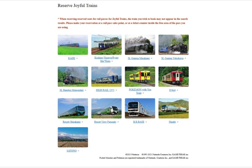 JR-EAST Train Reservation page displaying 'Reserve Joyful Trains,' showcasing various Joyful Train options with thumbnail images and clickable links for each train. Trains include KAIRI, Koshino Shu*Kura, SL Gunma Minakami, SL Gunma Yokokawa, SL Banetsu Monogatari, HIGH RAIL 1375, POKEMON with You Train, Oykot, Resort Shirakami, Resort View Furusato, B.B.BASE, Hinabi, and SATONO. A note at the top advises making reservations at a rail pass sales point if the desired train is not shown in search results.