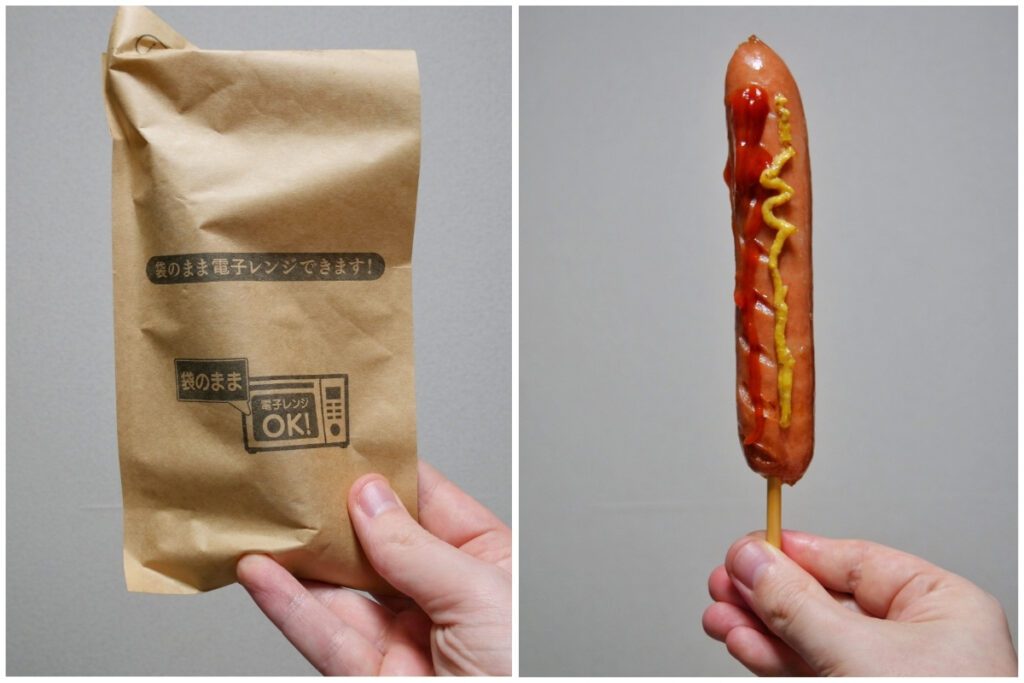 Side-by-side image featuring a convenience store jumbo sausage snack. The left panel shows the sausage packaged in a brown paper bag with Japanese text and microwave instructions printed on it. The right panel displays the unwrapped sausage on a stick, topped with zigzag patterns of ketchup and mustard, held upright in a hand.