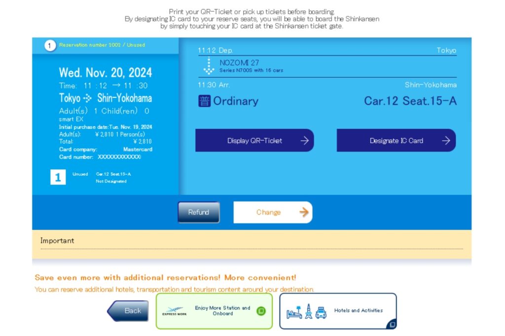 The image displays a detailed reservation page for a Shinkansen trip on November 20, 2024, departing Tokyo at 11:12 AM and arriving in Shin-Yokohama at 11:30 AM. The reservation includes one adult, with a fare of ¥2,810 for an ordinary seat (Car 12, Seat 15-A). Buttons for "Display QR-Ticket," "Designate IC Card," "Refund," and "Change" are available. A section below mentions additional reservation options like hotels and transportation. An "Important" section highlights details about ticketing and boarding procedures.