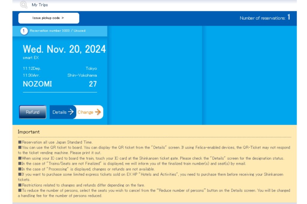 The image shows the "My Trips" summary page from a Shinkansen online reservation system. It lists one reservation with details: travel date Wednesday, November 20, 2024, departure at 11:12 AM from Tokyo, and arrival at 11:30 AM in Shin-Yokohama on the Nozomi 27 train. The reservation displays options to "Refund," view "Details," or "Change" the trip. Below, an "Important" section outlines instructions and conditions related to reservations, QR tickets, IC card usage, and refund policies.