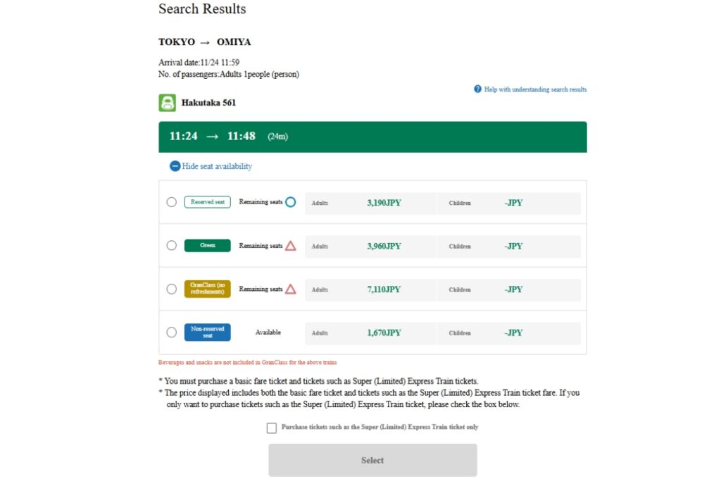 Search results page for a train route from Tokyo to Omiya, featuring the 'Hakutaka 561' train departing at 11:24 and arriving at 11:48 (24-minute journey). Seat options include Reserved Seat (3,190 JPY), Green Seat (3,960 JPY), GranClass (7,110 JPY), and Non-reserved Seat (1,670 JPY). Availability is indicated with icons: a circle for available seats, a triangle for limited seats. Additional notes mention that beverages and snacks are not included in GranClass tickets and that prices include both the basic fare and the Super (Limited) Express Train ticket.