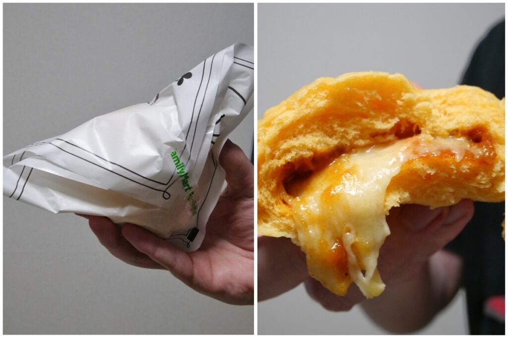 Side-by-side image of a Japanese convenience store pizza bun. The left panel shows the bun wrapped in branded packaging from FamilyMart, held by hand. The right panel reveals the interior of the pizza bun, with melted cheese and tomato sauce oozing out from the soft bread, emphasizing its gooey and savory filling.