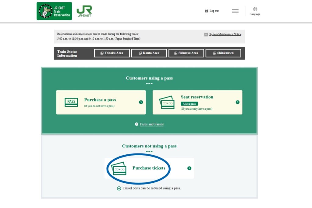 JR-EAST Train Reservation homepage showing options for customers using a pass and those not using a pass. The 'Customers using a pass' section includes options to 'Purchase a pass' or 'Seat reservation.' The 'Customers not using a pass' section highlights the option to 'Purchase tickets,' encircled in blue. Navigation links at the top include 'Log out' and 'Language,' with the user's name displayed