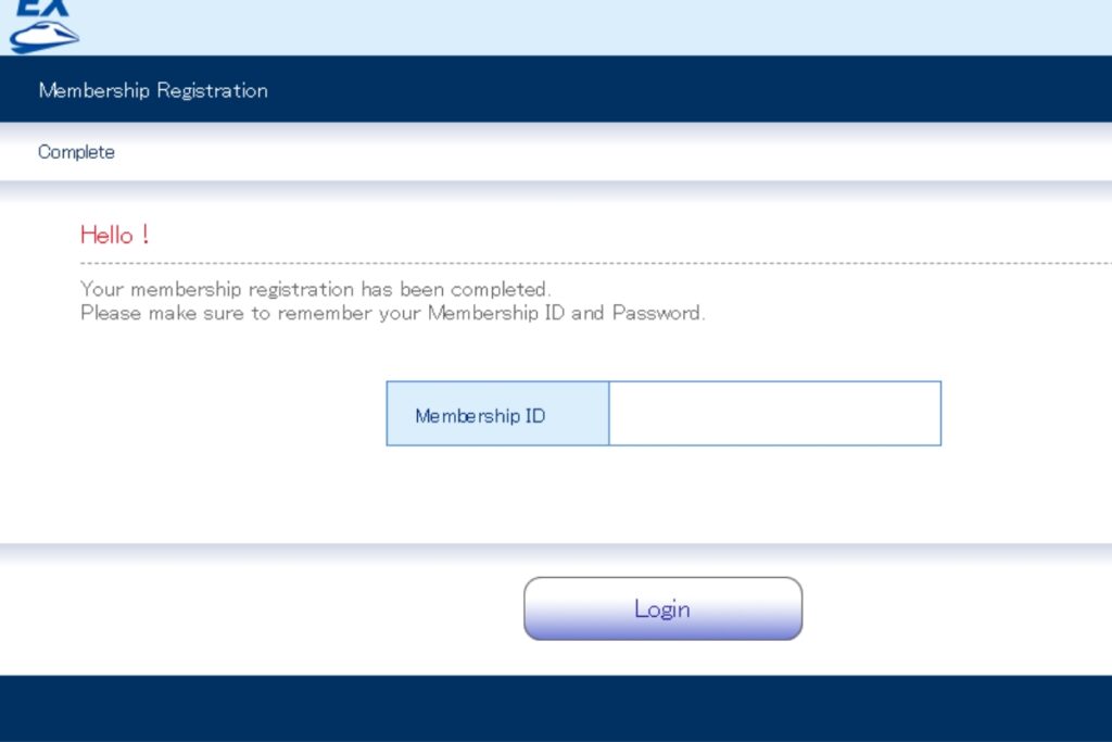 The image shows a registration confirmation screen for a membership service. The text reads "Hello!" followed by "Your membership registration has been completed. Please make sure to remember your Membership ID and Password." Below this is a text input field labeled "Membership ID" and a large "Login" button. The page has a simple layout with a blue and white color scheme.