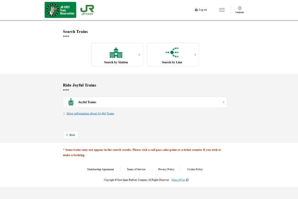 JR-EAST Train Reservation page with options for searching trains by station or by line, represented by green icons. Below, a section titled 'Ride Joyful Trains' offers information on specialty 'Joyful Trains,' with a link to 'More information about Joyful Trains.' The page includes a 'Back' button and a note at the bottom stating that some trains may not appear in search results, suggesting visiting a rail pass sales point or ticket counter for bookings.