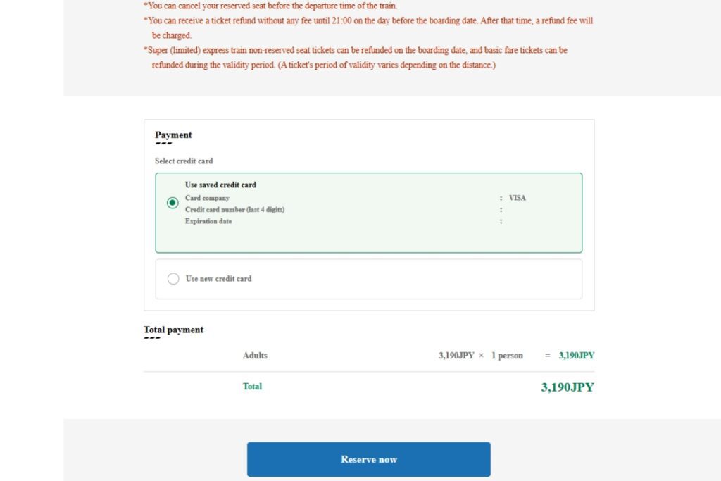 Screenshot of the payment page for a JR-EAST train reservation. The page displays payment options, including using a saved credit card or entering a new credit card. The selected option shows the saved credit card details (partially obscured for security). Below, the total payment amount is listed as 3,190 JPY for one adult passenger. Additional notes outline refund policies, including fee-free cancellations until 9 PM the day before departure.