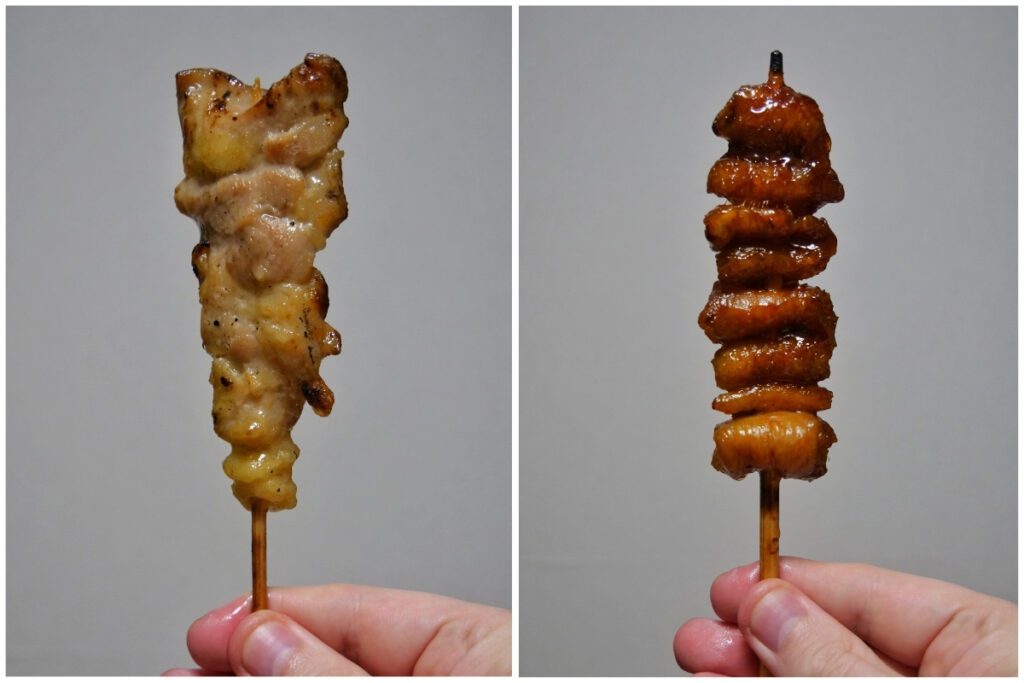 Side-by-side comparison of two types of yakitori, traditional Japanese skewered grilled chicken. The left skewer features lightly seasoned and chargrilled chicken thigh pieces with a golden-brown finish. The right skewer showcases grilled chicken coated in a glossy, rich teriyaki sauce. Both skewers are held by hand against a plain background, highlighting their textures and presentation.
