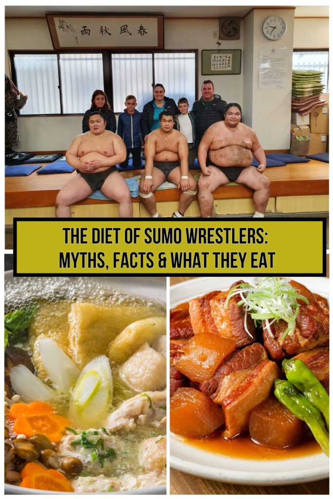 A Pinterest image for an article titled "The Diet of Sumo Wrestlers: Myths, Facts & What They Eat." The top section features a group photo of three sumo wrestlers in traditional attire sitting on a bench, with a family of five standing behind them in a sumo training stable. The middle section has a bold yellow banner with black text displaying the article’s title. The bottom section is split into two images: on the left, a close-up of Chanko Nabe, a hot pot filled with chicken, vegetables, tofu, and mushrooms in broth; on the right, a plate of Kakuni (braised pork belly) with daikon radish and green peppers, served in a savory soy-based sauce.