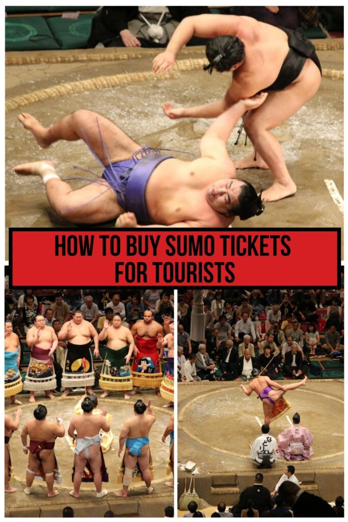 An image about sumo wrestling with the title 'How to Buy Sumo Tickets for Tourists' in bold black text on a red background. The left panel shows a group of sumo wrestlers in colorful ceremonial aprons standing in a ring, raising their hands in a traditional gesture, surrounded by a crowd of spectators. The right panel captures an intense sumo match where one wrestler in a purple mawashi is being thrown to the ground by his opponent, with a referee and judges watching in the background.