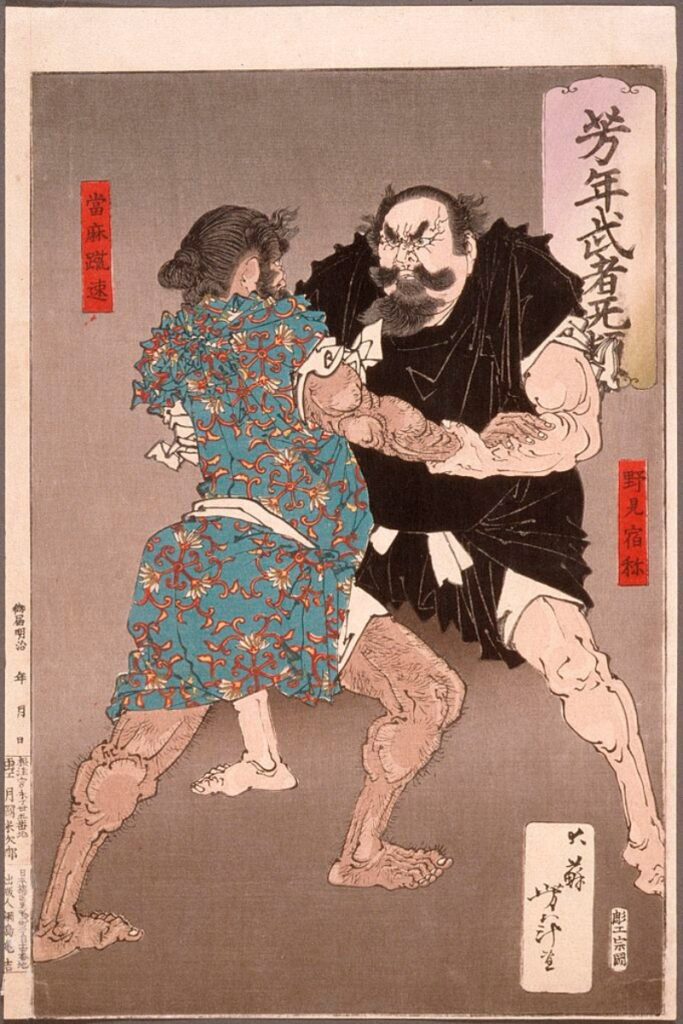 A traditional Japanese ukiyo-e woodblock print by artist Yoshitoshi, depicting a dramatic sumo wrestling match between two legendary figures, Nomi no Sukune and Taima no Kehaya. The wrestlers have intense facial expressions and exaggerated muscular physiques. Nomi no Sukune, on the left, wears a vibrant blue robe with intricate red and gold patterns, while Taima no Kehaya, on the right, wears a dark black outfit. Their legs and arms appear tense, showcasing their strength as they grapple. The background is minimalistic, with Japanese calligraphy on banners framing the scene. The artwork uses bold lines, dynamic movement, and rich textures characteristic of Yoshitoshiโs style.