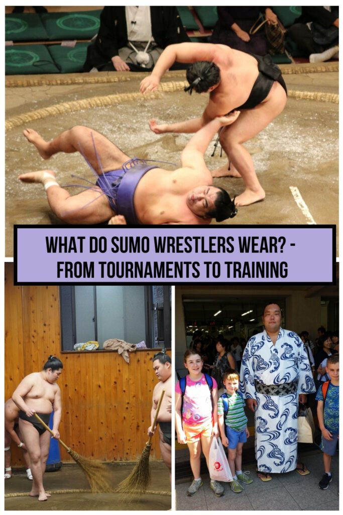 A collage featuring three images of sumo wrestlers in different outfits, with a bold text overlay reading: 'What Do Sumo Wrestlers Wear? - From Tournaments to Training.' The top image shows a sumo match in action, with one wrestler wearing a blue mawashi (sumo belt) being thrown to the ground by another in a black mawashi. The bottom left image depicts sumo wrestlers in a training area, dressed in black mawashi, using brooms to clean the sumo ring. The bottom right image features a sumo wrestler wearing a traditional yukata (casual kimono) with a wave design, posing with three children outside a sumo arena.