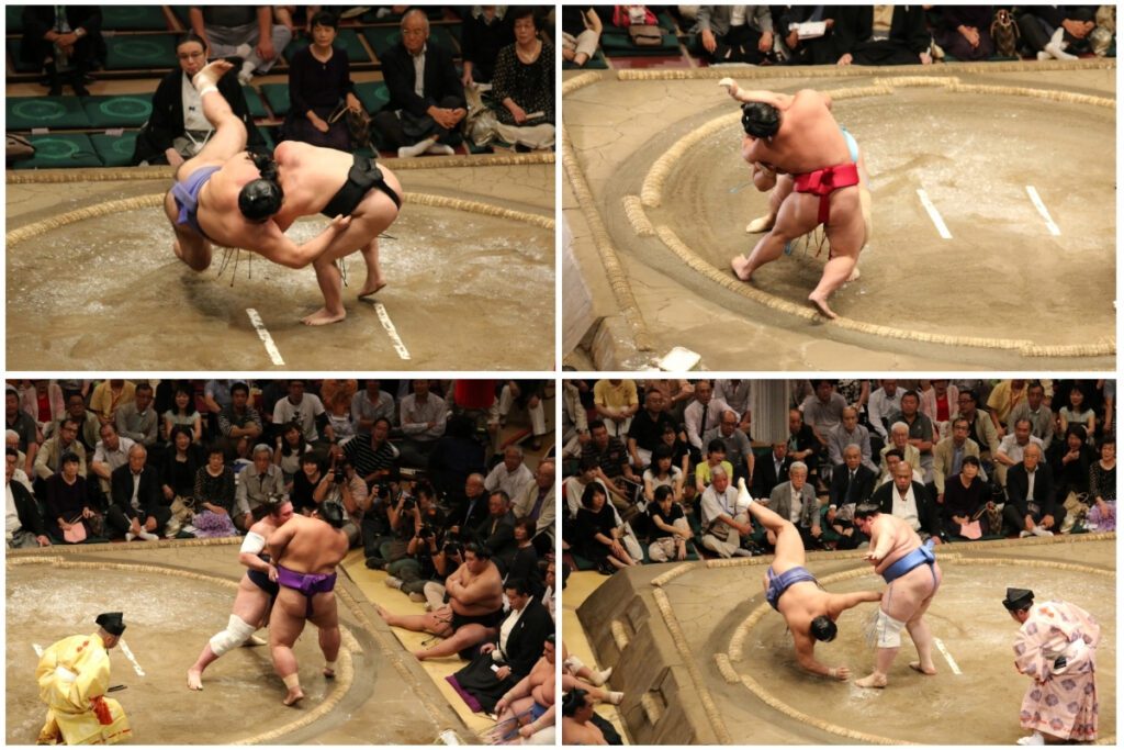 A collage of four sumo wrestling matches captures intense moments of competition inside the dohyo. Each frame showcases a different winning technique. In the top-left image, one wrestler lifts his opponent off the ground while executing a throw, with the force of the movement evident in their posture. The top-right image shows a wrestler in a red mawashi forcing his opponent toward the edge of the ring as they struggle for control. In the bottom-left, two wrestlers are locked in a tight embrace, battling for leverage, while spectators and photographers closely watch the match. The bottom-right image captures a decisive moment as a wrestler in a blue mawashi is flipped over and sent tumbling onto the dohyo floor, sealing his opponent's victory. The intensity of each bout is emphasized by the expressions of the audience and the precise movements of the competitors.