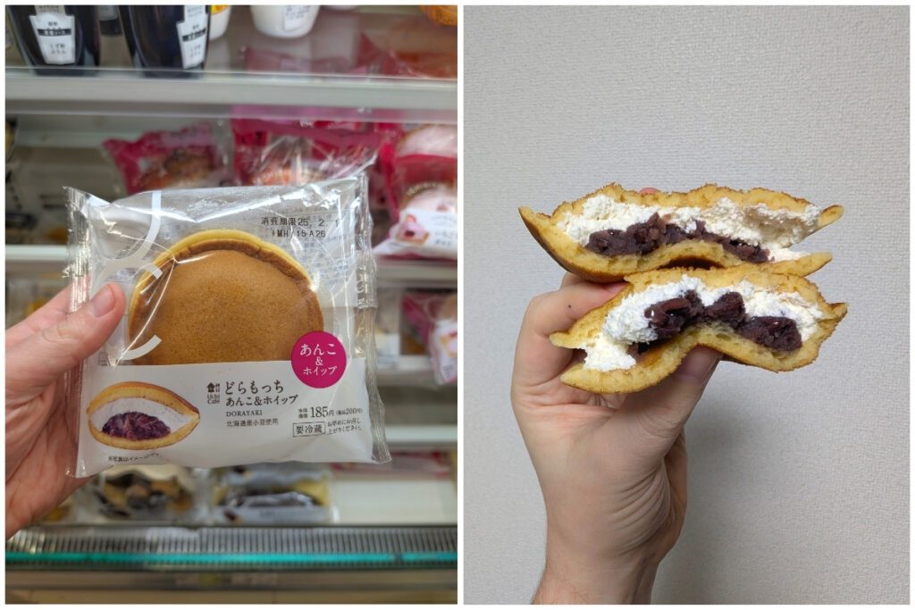 A side-by-side image of a dorayaki dessert from a Japanese convenience store. On the left, the packaged dorayaki is held in front of a refrigerated display, showing its soft pancake exterior and labeled with Japanese text indicating it contains red bean paste and whipped cream. On the right, the dorayaki is cut in half and held up, revealing a thick layer of sweet red bean filling and fluffy whipped cream sandwiched between the golden pancakes. The background is a plain wall.