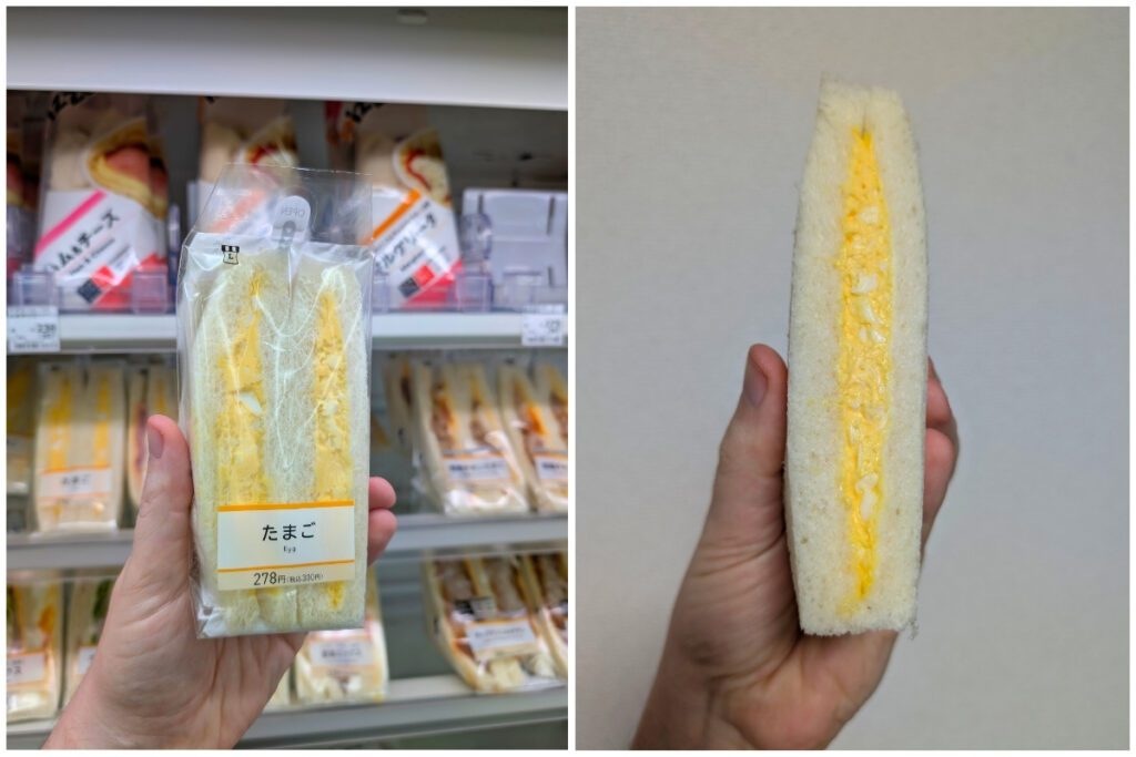 A collage of two images featuring a Japanese convenience store egg sandwich. The left image shows the packaged sandwich being held in front of a store shelf stocked with similar sandwiches, with a clear plastic wrapper and a label reading "たまご" (Egg). The right image displays a close-up of one half of the sandwich, revealing a thick layer of creamy egg filling between two slices of soft white bread.