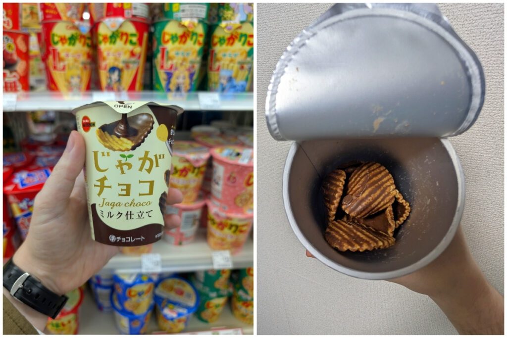 A collage of two images featuring a container of chocolate-covered potato chips from a Japanese convenience store. The left image shows a hand holding the unopened container, labeled "Jaga Choco," in front of a shelf stocked with various snack items. The packaging features an image of a ridged potato chip partially dipped in chocolate. The right image is a close-up of the opened container, revealing a small number of ridged potato chips coated in a glossy layer of milk chocolate inside.