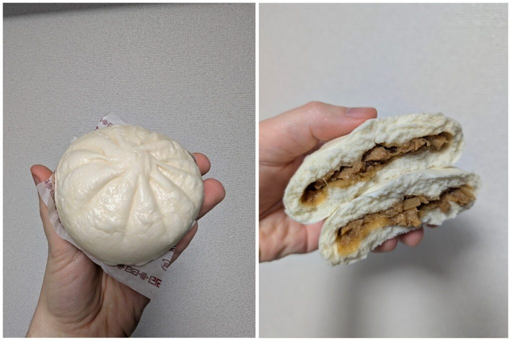 A side-by-side image showcasing a Lawson Japan juicy pork bun. The left side features a whole steamed bun with a soft, white exterior, held in a hand with a small paper wrapper underneath. The right side displays the bun cut in half, revealing its savory filling of tender pork and onions inside the fluffy dough. Both images are set against a neutral background.