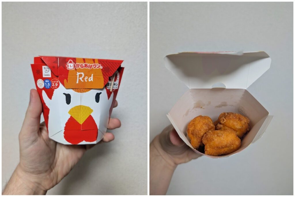 A side-by-side image of a Lawson Japan Karaage-Kun Red fried chicken snack. The left side shows the unopened packaging, which is red with a cartoon chicken face, a yellow beak, and the word "Red" on the label. The right side reveals the contents inside the box, showing several golden-brown pieces of bite-sized fried chicken. A hand holds the box in both images against a neutral background.