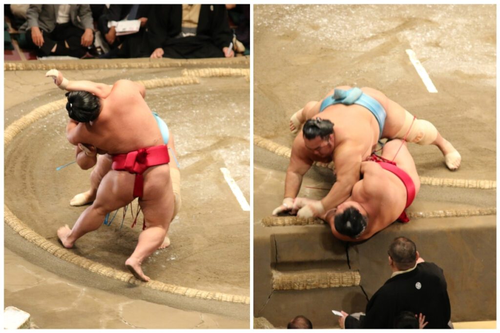 Alt text: A two-panel collage of a sumo wrestling match capturing an intense moment in the ring. In the first panel, a wrestler in a red mawashi grapples with his opponent in a blue mawashi near the edge of the dohyo, with both struggling for dominance. The second panel shows the decisive moment as the wrestler in blue forces his opponent down, sending him tumbling out of the ring. The sand-covered surface and the tension in their expressions highlight the physicality of the match, while the audience watches intently from the background.