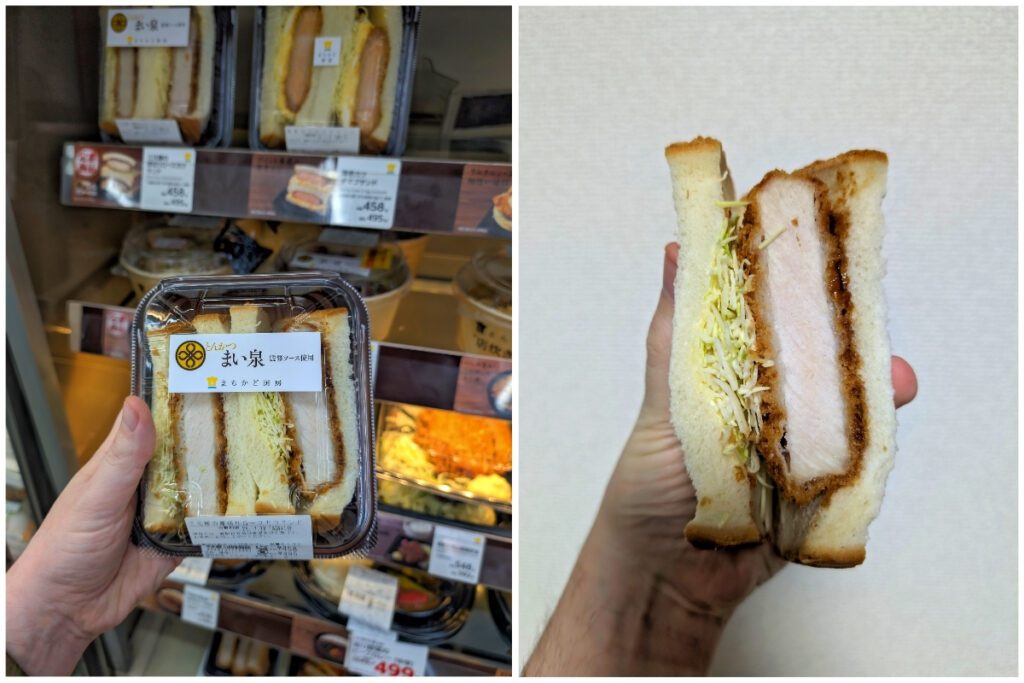 A collage of two images featuring a Japanese pork cutlet sandwich. The left image shows a packaged katsu sando being held in front of a convenience store display with similar sandwiches and bento boxes. The black plastic container has a label with Japanese text and a logo. The right image provides a close-up view of one sandwich half, revealing a thick, breaded pork cutlet coated in tonkatsu sauce, layered with shredded cabbage, and sandwiched between two slices of soft white bread.
