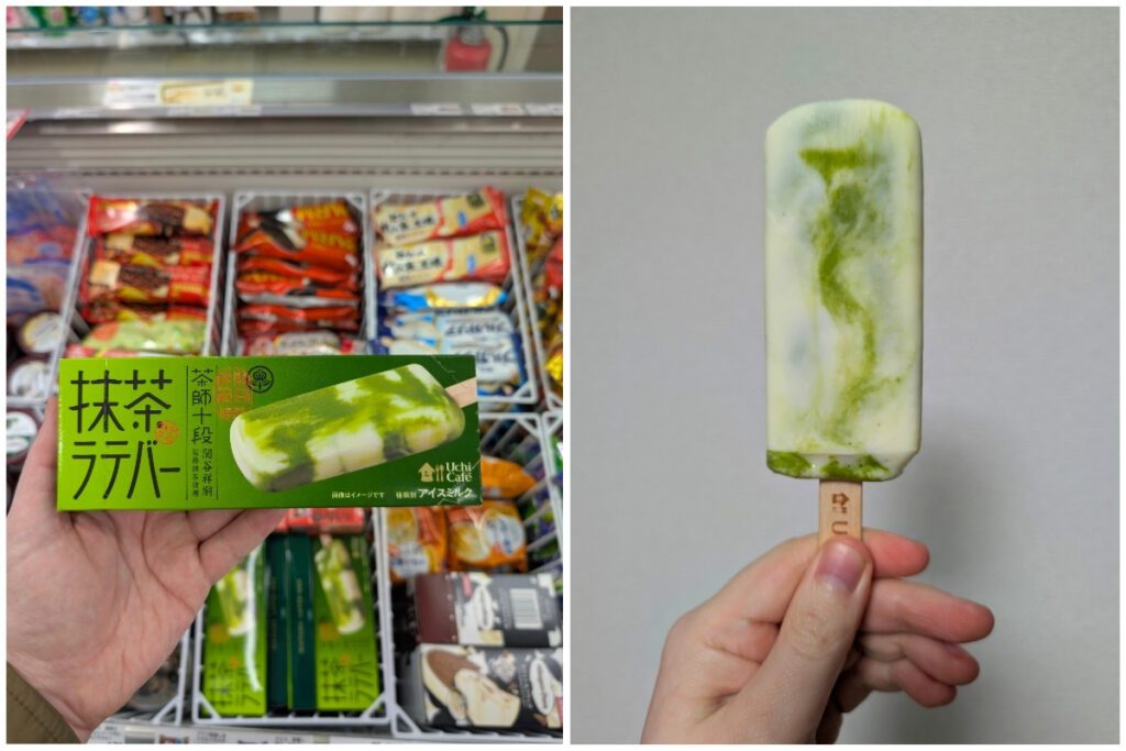 A side-by-side image of a Matcha Latte Bar from a Japanese convenience store. On the left, a hand holds the green packaging featuring Japanese text and an image of the ice cream bar, with a freezer full of various frozen treats in the background. On the right, the unwrapped Matcha Latte Bar is held up against a plain wall, showing a creamy white base with vibrant green matcha swirls, giving it a marbled effect. The wooden stick has Japanese characters engraved on it.