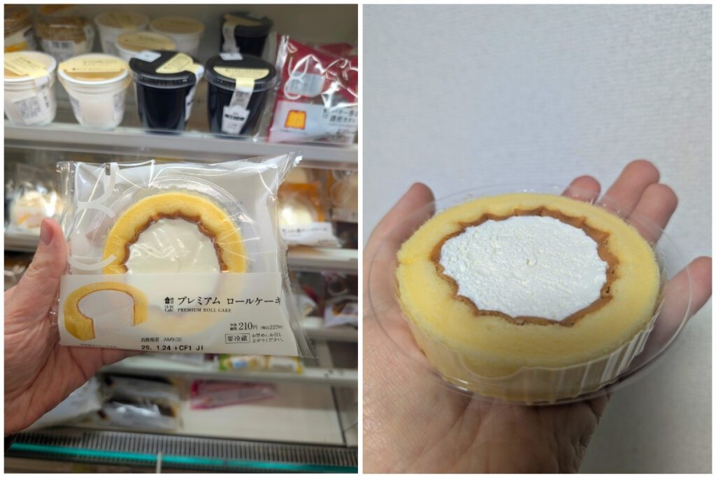 A side-by-side image of a Lawson Japan Premium Roll Cake. On the left, the roll cake is held in its clear plastic packaging with a label displaying the product name in Japanese and English, along with the price. It is in front of a refrigerated shelf stocked with other desserts and drinks. On the right, the roll cake is unwrapped and placed in a small plastic tray, showing its soft, golden sponge cake encircling a thick layer of whipped cream. The background is a plain wall.