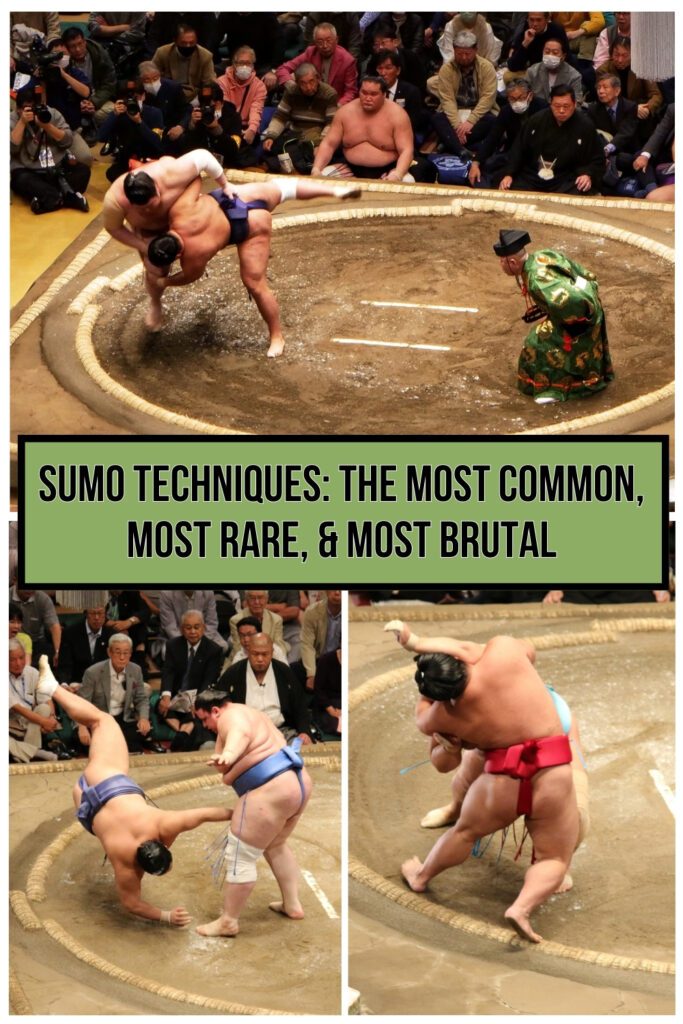 A sumo wrestling promotional image showcases three dramatic moments from sumo matches, highlighting various winning techniques. The top section features a powerful throw, with one wrestler lifting his opponent completely off the ground as a referee in a green kimono observes. Below, a bold black title on a green background reads, "SUMO TECHNIQUES: THE MOST COMMON, MOST RARE, & MOST BRUTAL." The bottom left image captures a wrestler flipping his opponent headfirst onto the dohyo, while the bottom right image shows another wrestler executing a forceful maneuver, gripping his opponent tightly in an intense battle. The engaged crowd watches closely in the background.