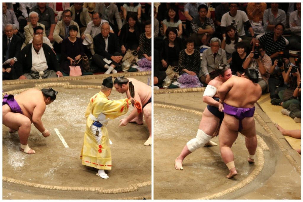 A collage of two images from a sumo wrestling match. The left image captures the moment before the bout begins, with one sumo wrestler in a purple mawashi and another in a dark blue mawashi crouching in position while the gyoji, dressed in an elaborate yellow kimono, prepares to signal the start. The audience watches closely in the background. The right image shows the match in progress, with the two wrestlers locked in a close grapple as they push against each other in the dohyo, surrounded by an engaged crowd, some of whom are taking photos.