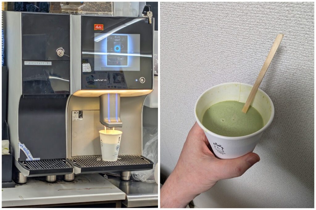 A side-by-side image showing the process of making a Lawson Uji Matcha Latte. On the left, a convenience store coffee machine dispenses hot milk into a paper cup with a digital screen displaying the process. On the right, a hand holds the finished matcha latte in a Lawson-branded cup, with a vibrant green color and a wooden stirrer inside, against a plain wall background.