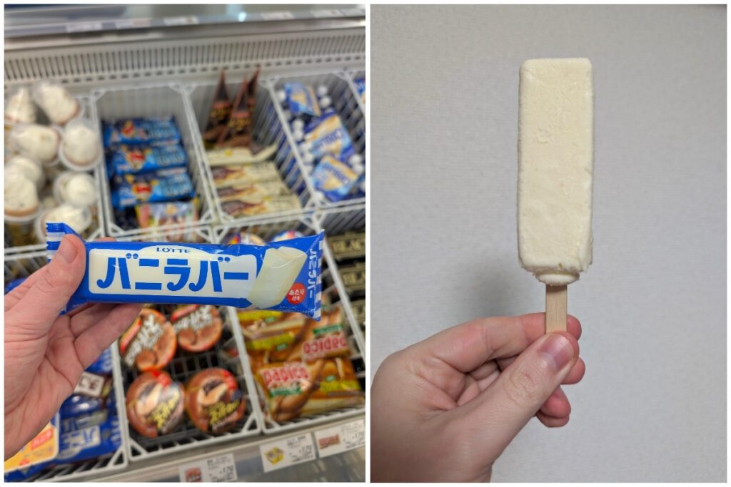 A side-by-side image of a Lotte Vanilla Ice Cream Bar from a Japanese convenience store. On the left, a hand holds the blue and white packaging with Japanese text, featuring an image of the vanilla bar. The background shows a freezer stocked with various frozen treats. On the right, the unwrapped vanilla ice cream bar is held up against a plain wall, revealing its smooth, creamy texture on a wooden stick.