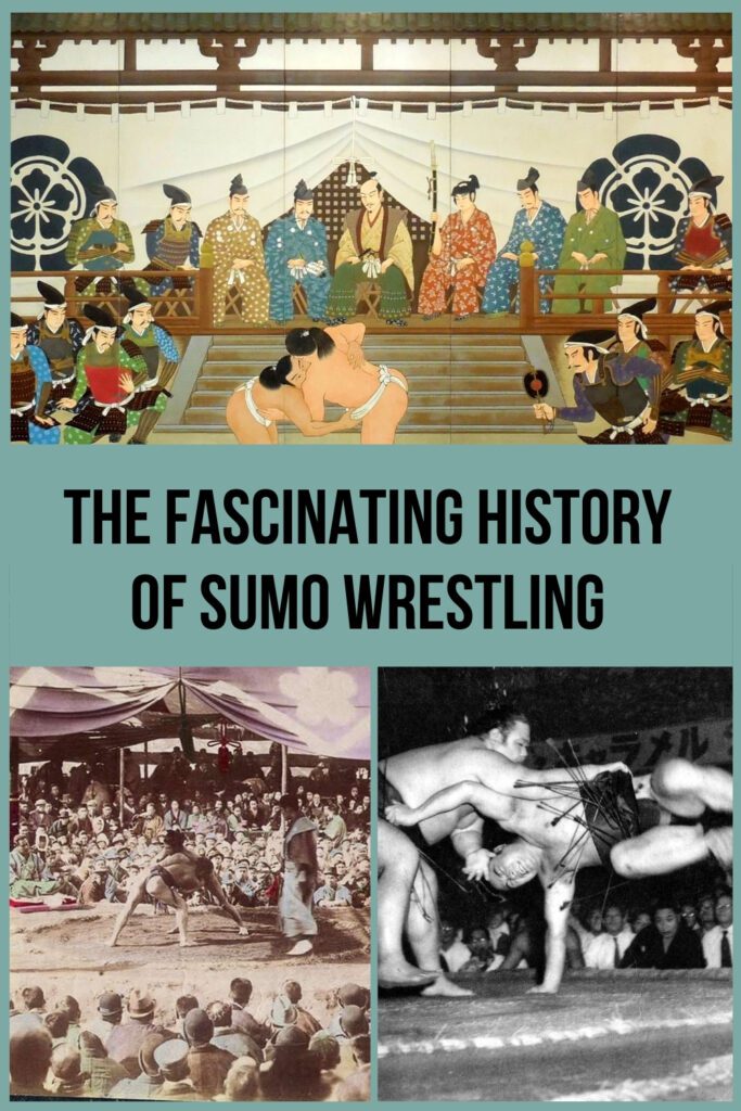A collage of three images showing the history of sumo wrestling, including a traditional painting of a sumo match before nobles, a sepia-toned photo of an outdoor sumo event with a large crowd, and a dramatic black-and-white photo of a mid-air throw during a match, all overlaid with the title โThe Fascinating History of Sumo Wrestlingโ.